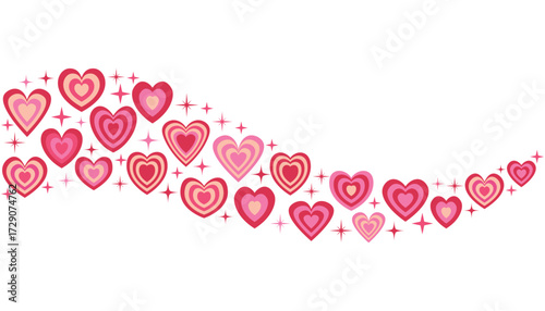 Abstract wave with pink and red striped groovy Y2K hearts and stars in flat cartoon style. Cute colorful hand drawn clipart for Valentine's Day. Romantic love curly line for print and web.