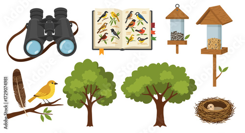 Collection of birdwatching equipment flora fauna and related objects on a white background