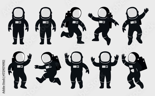 Diverse astronaut silhouettes vector graphics set scalable eps icons for space exploration silhouette white background