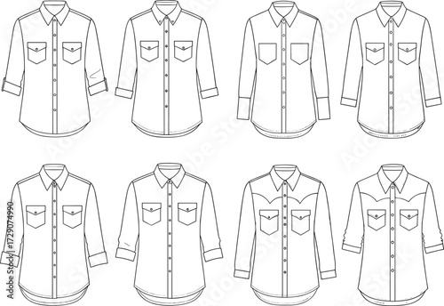Western and Utility Button-Down Shirts Technical Flat Vector CAD Drawing: Women's Shirt Collection with Pocket Flaps, Yokes, and Sleeve Options Fashion Template