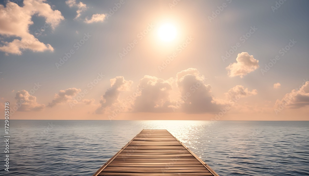 Obraz premium Wooden pier extends towards the horizon, reflecting sunlight on the calm ocean under a bright sky.