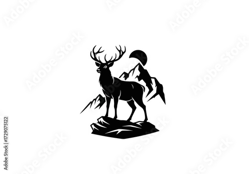 A majestic stag silhouette stands proudly on a rocky outcrop against a backdrop of mountains and a sun.