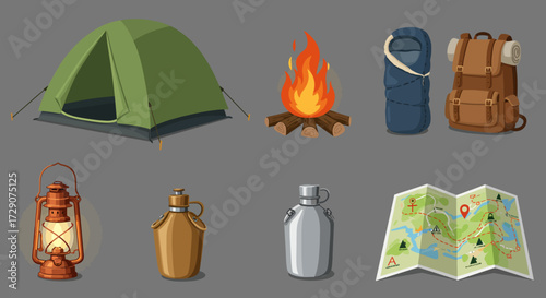 Collection of cartoon camping gear items on a gray background