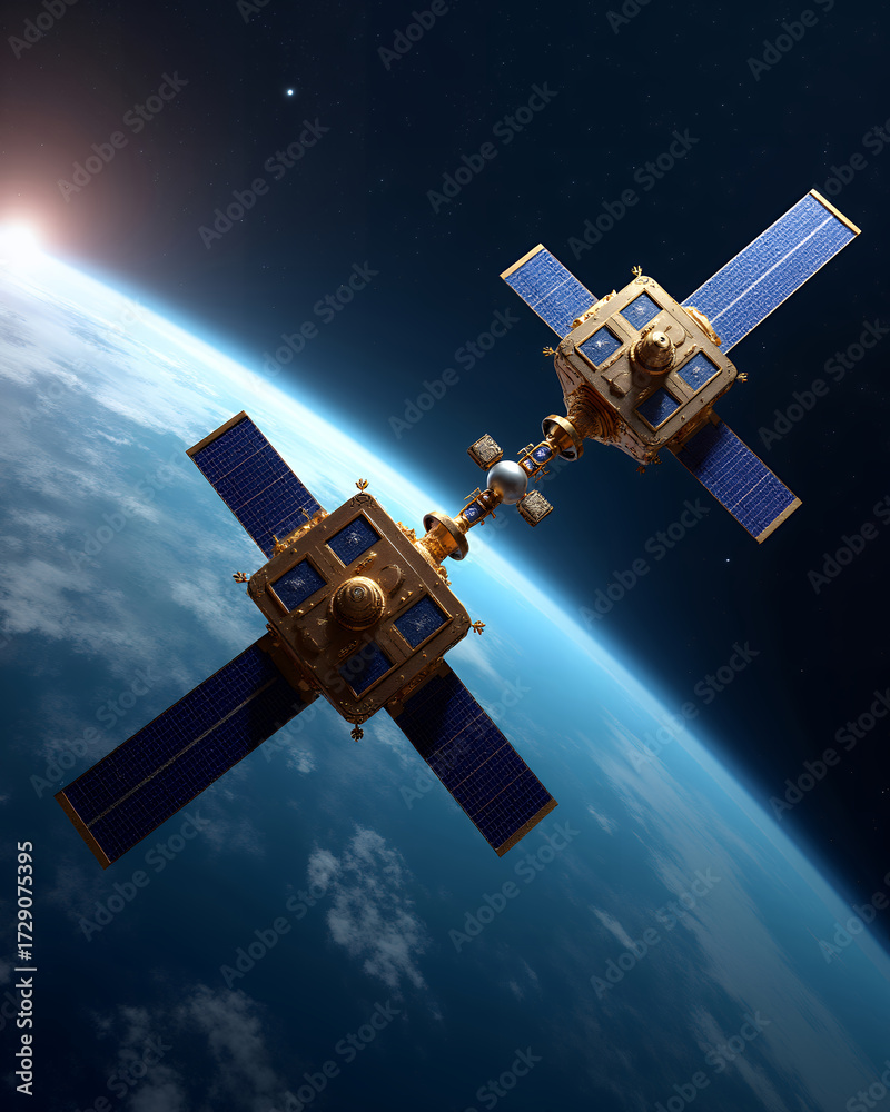 Fototapeta premium Two satellites connected in space with the Earth in the background, showcasing modern technology and scientific advancement
