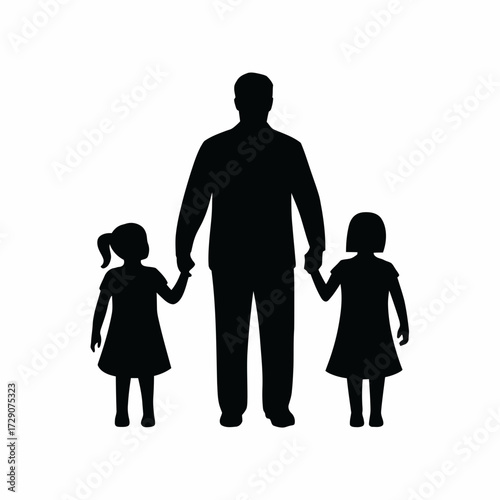 Stylized silhouette father holding hands with two daughters vector illustration silhouette white background