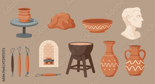 Collection of terracotta pottery tools and a white bust on a brown background