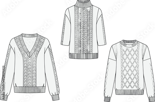 Collection of Cable Knit Sweaters Fashion Flat CAD Drawing Vector Illustration Pack for Knitwear Apparel Design and Technical Specification.