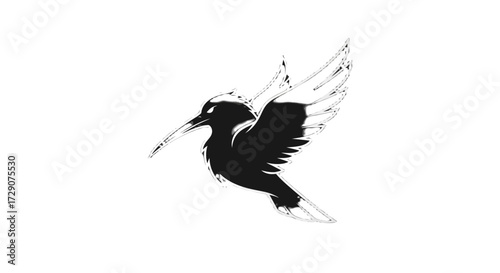 Black silhouette of a bird with a long beak and spread wings, depicted in an artistic, brush-stroke style, flying against a white background.