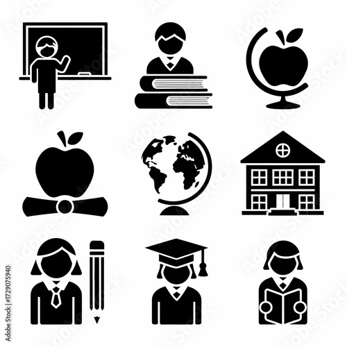 Set of black education icons vector illustration for scalable graphic design projects silhouette white background