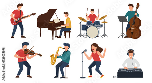 Eight musicians depicted playing instruments or singing set against a white background