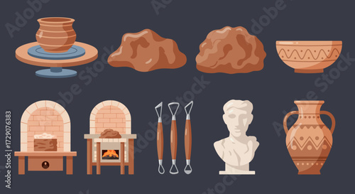 Flat design illustration of potterymaking elements on a dark background