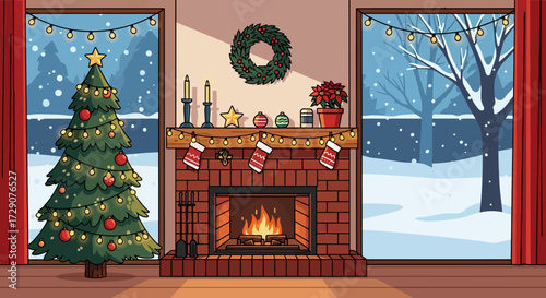 Cozy winter scene with fireplace, Christmas tree and snowy landscape illustration