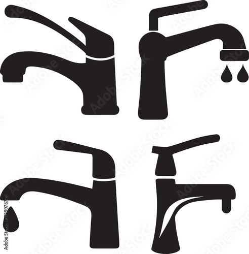 Group of black faucet silhouette vector icon for kitchen or bathroom