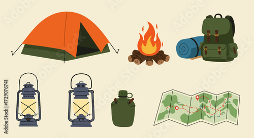 Illustration of various camping gear including a tent fire backpack lanterns canteen and map