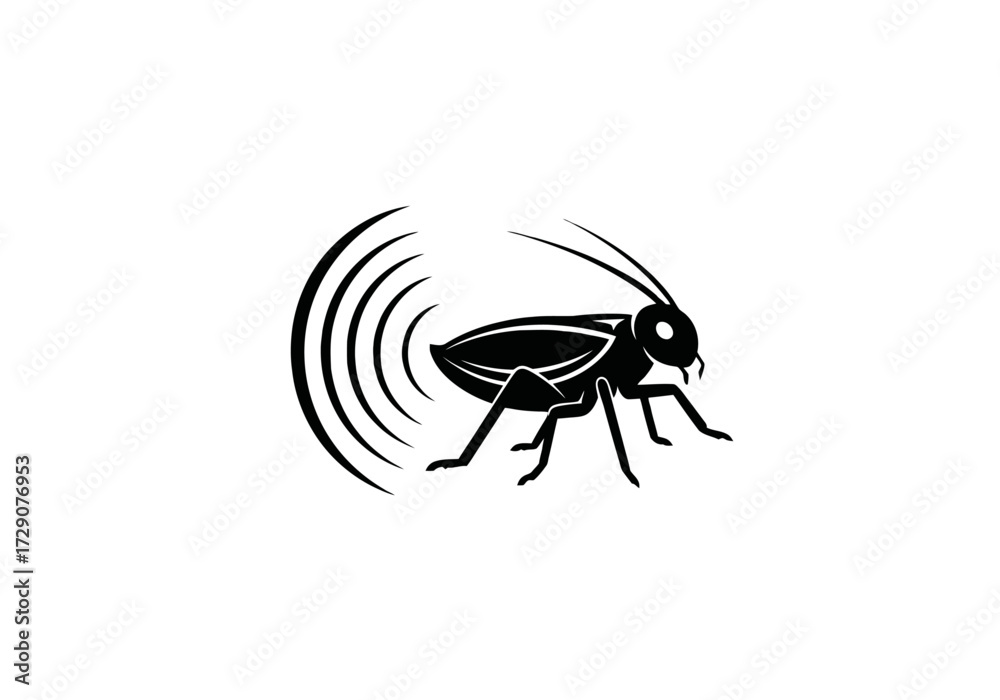 Obraz premium Black and white illustration of a cricket with sound waves emanating from it, simple design.