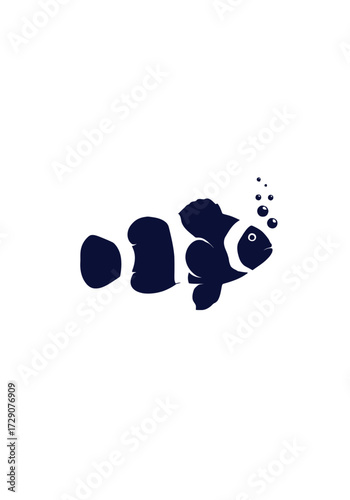 A minimalist dark blue and white clownfish swims with bubbles on a clean white background, showcasing simple aquatic beauty.