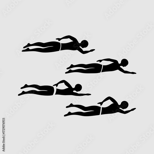 Four black silhouettes of swimmers performing freestyle stroke vector illustration silhouette white background