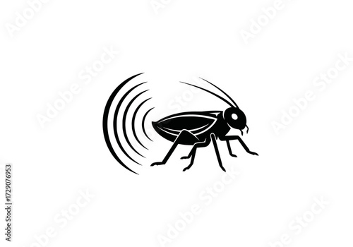 Black and white illustration of a cricket with sound waves emanating from it, simple design.