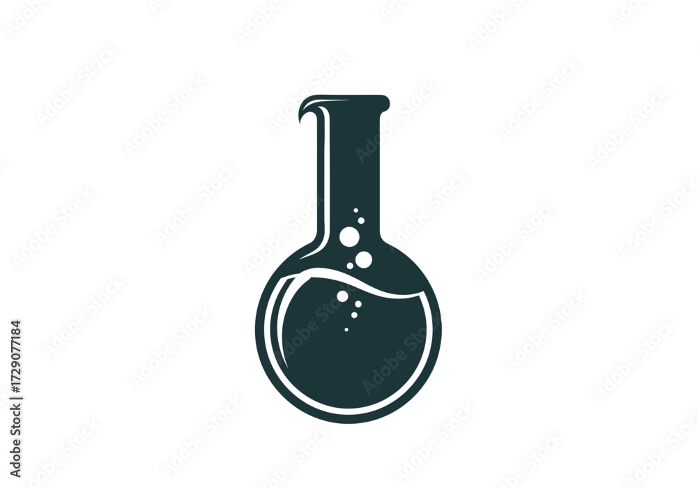 Obraz premium A simple, dark green icon of a round-bottom flask with bubbling liquid, symbolizing science and chemistry.