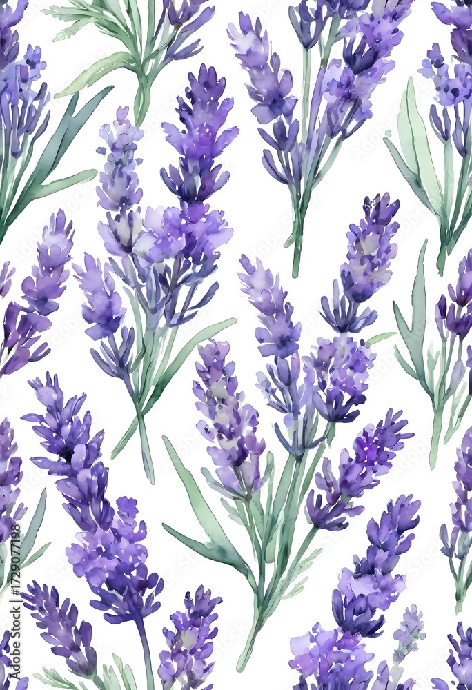 Obraz premium This watercolor art showcases lush lavender blooms in varying shades of purple, intertwined with soft green stems and leaves, inviting a peaceful atmosphere in a tranquil garden Generative AI