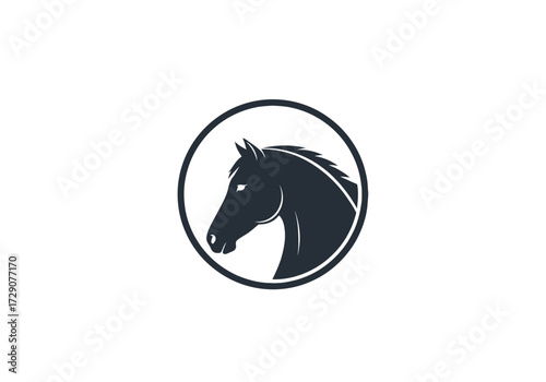 Horse head silhouette in a circle, simple and elegant logo design.