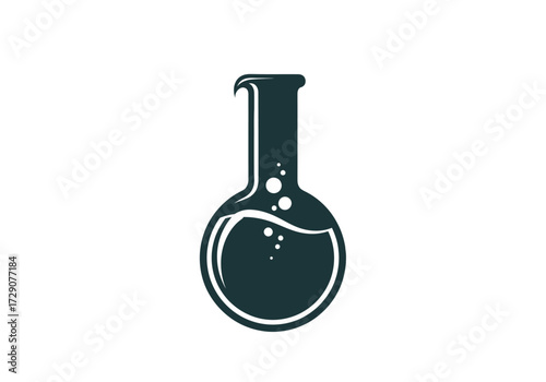 A simple, dark green icon of a round-bottom flask with bubbling liquid, symbolizing science and chemistry.