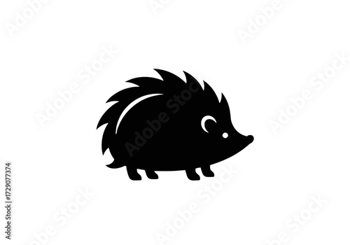 Cute black silhouette of a hedgehog with a spiky back and small eyes on a white background, a simple graphic illustration.