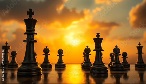 Chess pieces silhouetted against a stunning sunset. The scene evokes strategy, competition, and the pursuit of victory