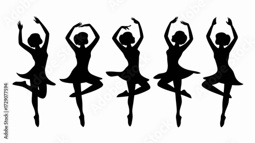 Vector silhouette of five dancing women in ballet poses scalable graphic illustration silhouette white background