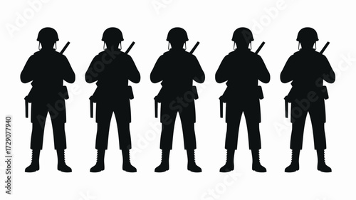 Vector silhouette of five soldiers standing together with rifles scalable illustration icon silhouette white background