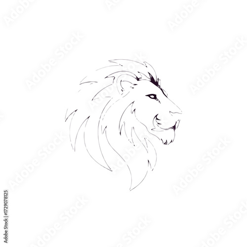 A minimalist black and white line drawing of a lion's head in profile, showcasing its majestic mane and fierce gaze.