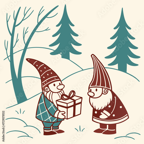 Festive Gnomes Exchanging a Gift in a Winter Wonderland Scene for Holiday Cheer