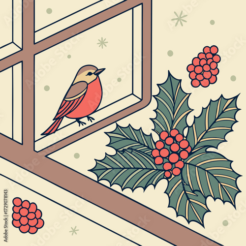 A charming retro vector illustration of a robin bird perched on a snowy windowsill with a festive holly branch for the Christmas holiday