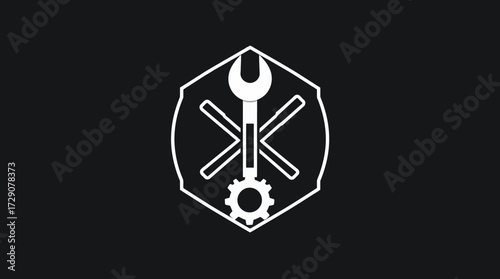 A white emblem featuring a wrench, gear, and cross-like tools on a black background.