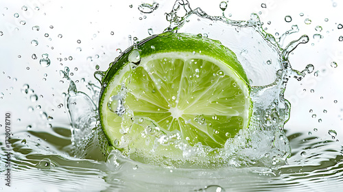 Refreshing lime slice splashing into clear water with many droplets and vibrant green color.