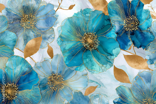 Teal and gold floral artwork elegant blooms watercolor painting blue flowers gold accents artistic design