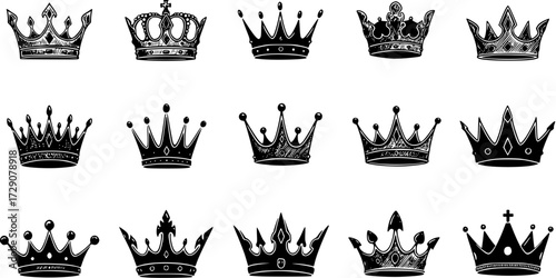 Collection of Vintage Royal Crowns. Black and White King and Queen Crown Icons Set. Heraldic Monarchy Emblems for Design.