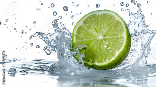 Refreshing lime slice splashing into clear water with dynamic liquid splashes and droplets