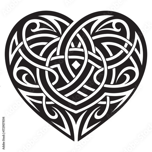 Intricate celtic heart knot design in black and white, symbolizing eternal love isolated on white background, with interwoven patterns