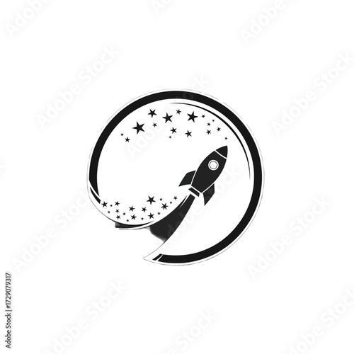 Black and white graphic illustration of a rocket launching into a starry sky, enclosed within a circular frame, symbolizing progress and exploration.