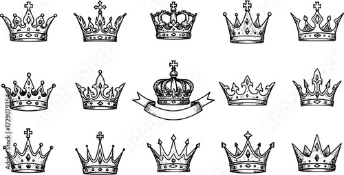 Hand-drawn vintage royal crowns collection, various styles, sketch art, perfect for design elements, king, queen, and princess themes on a white background.