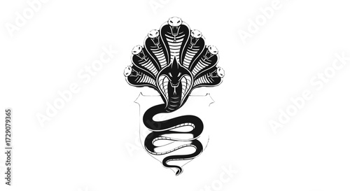 Black and white illustration of a multi-headed cobra snake with intricate details.