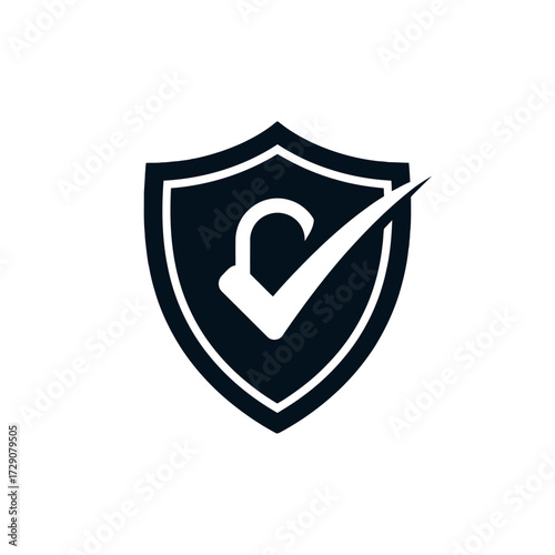 Dark shield icon with white unlocked padlock and checkmark, symbolizing security, verification, and access.