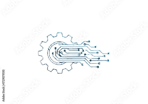 A mechanical gear seamlessly integrates with a digital electronic circuit board pattern, symbolizing industrial automation and technology.