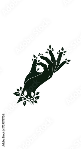 An elegant black silhouette of a hand in a spiritual mudra gesture, with delicate leaves and buds growing from it.
