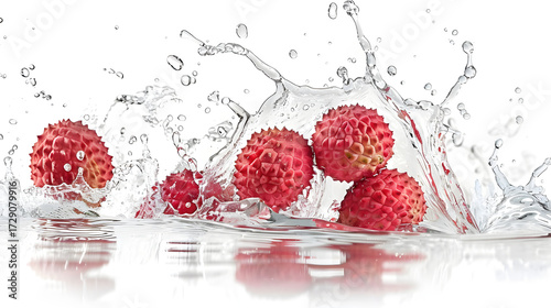 Juicy red lychee fruits splashing into water with dramatic splashes and droplets