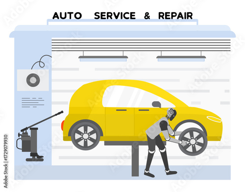 Auto service and repair center with mechanic working on yellow car illustration background