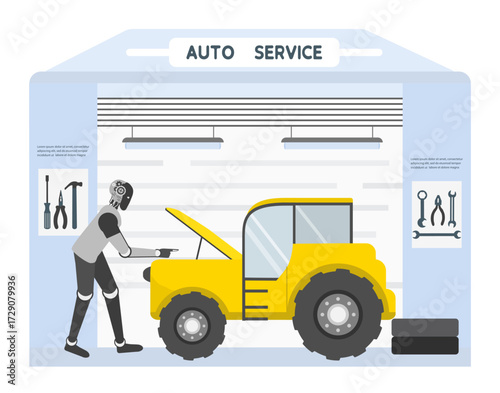Auto service with robot mechanic working on vehicle under garage roof, technology theme