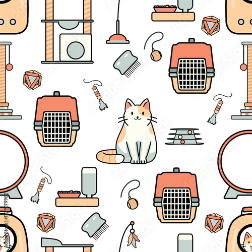 Pet supplies pattern featuring cat and various accessories, ideal for background and themed design