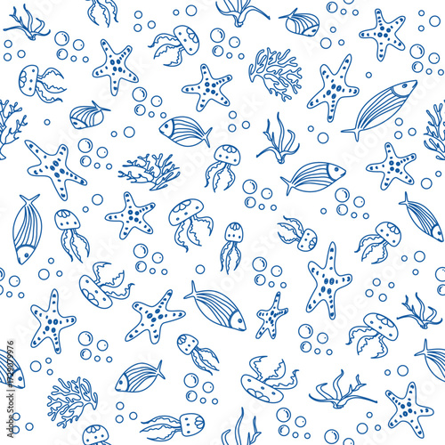 Marine life pattern in blue featuring fish, starfish, jellyfish, and seaweed, suitable for background
